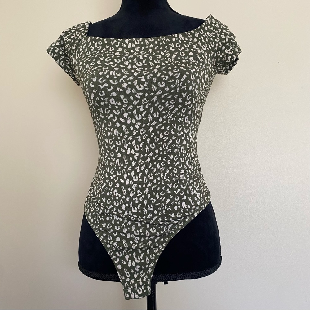 Lush Fitted Sage Green and White Bodysuit Top